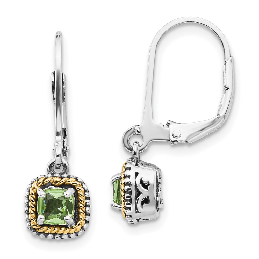 925 Ss W/ 14k Antiqued Cushion Peridot August Birthstone Leverback Earrings